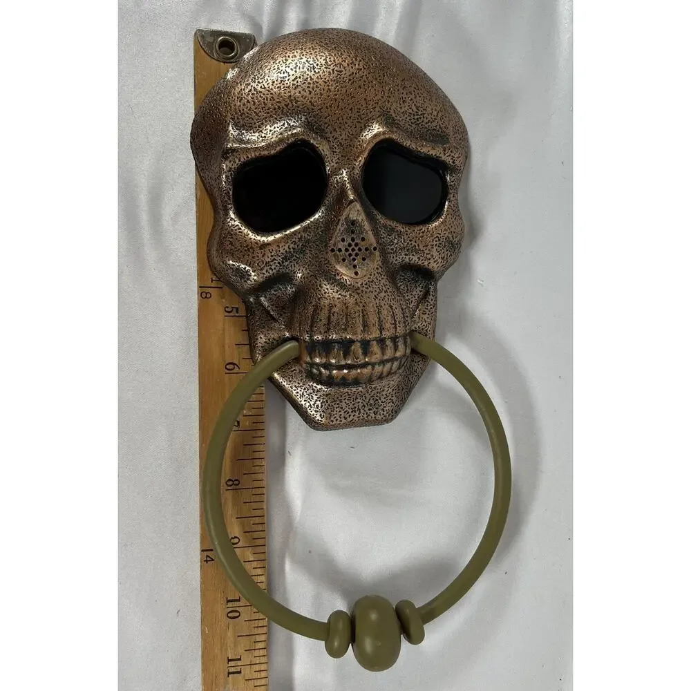 Halloween Skull Door Knocker Decor Red Eyes Skeleton Goth Lights Talking Bronze